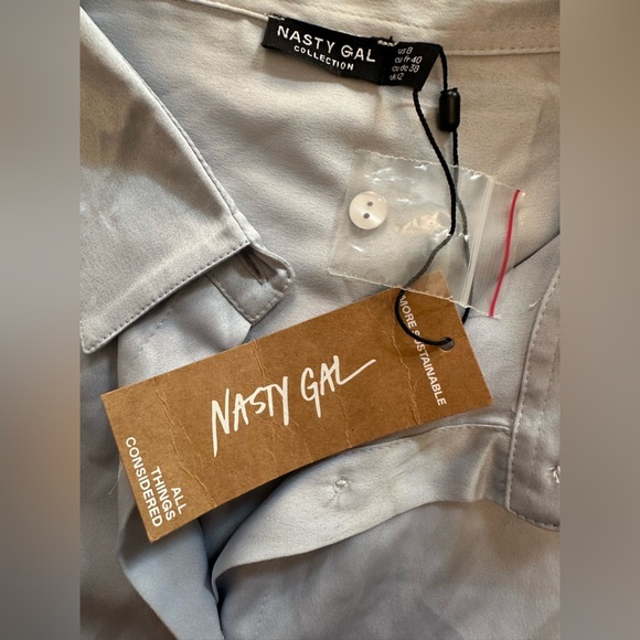 NWT NASTY GAL SATIN OVERSIZED TWO PIECE PAJAMA DUSTY BLUE - Size 8 SKU:562 - Picture 6 of 9